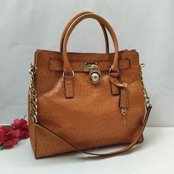 Michael Kors Hamilton Brown Leather Ostridge Embossed Lock Satchel Shoulder Bag - Picture 2 of 16